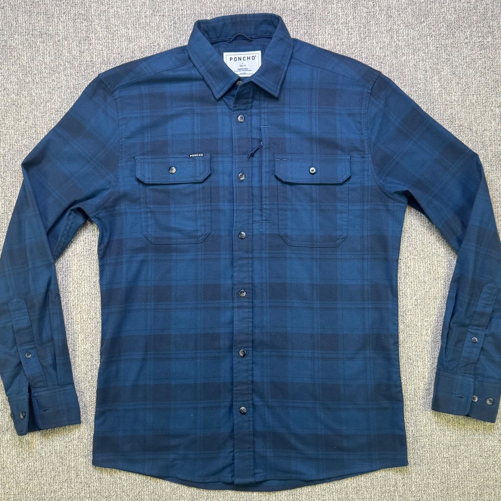 Poncho Outdoors Flannel Shirt Mens Small Slim Blue Plaid Magnetic Fishing NWOT